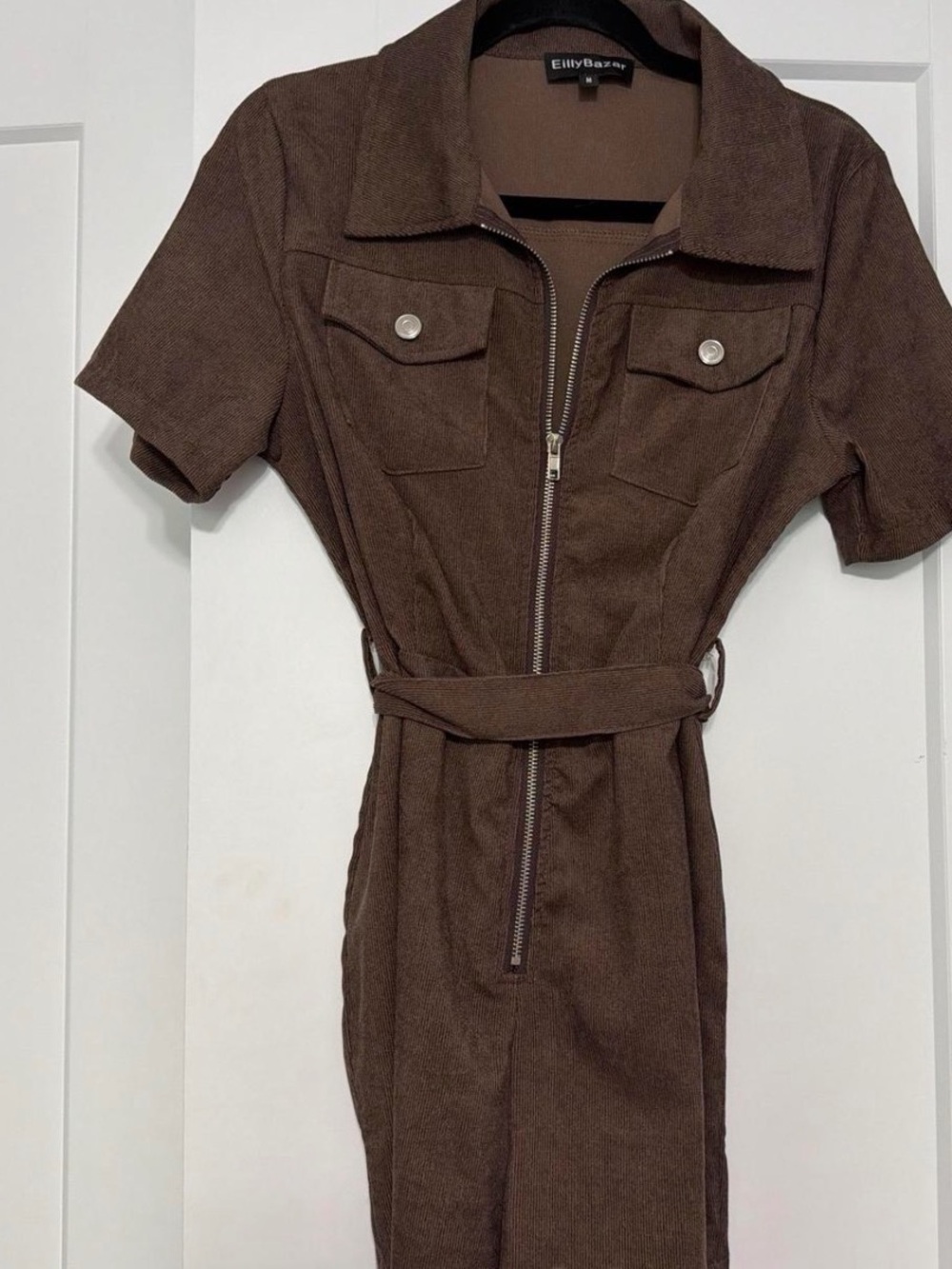 Eilly Bazar Brown Short-Sleeve Zip Front Jumpsuit
